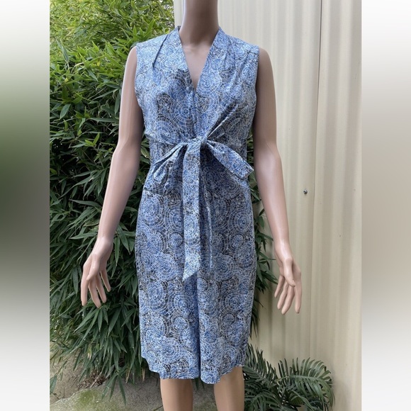 DAVID LAWRENCE Blue Cotton Printed Tie Front Sleeveless Midi Dress - Picture 3 of 14